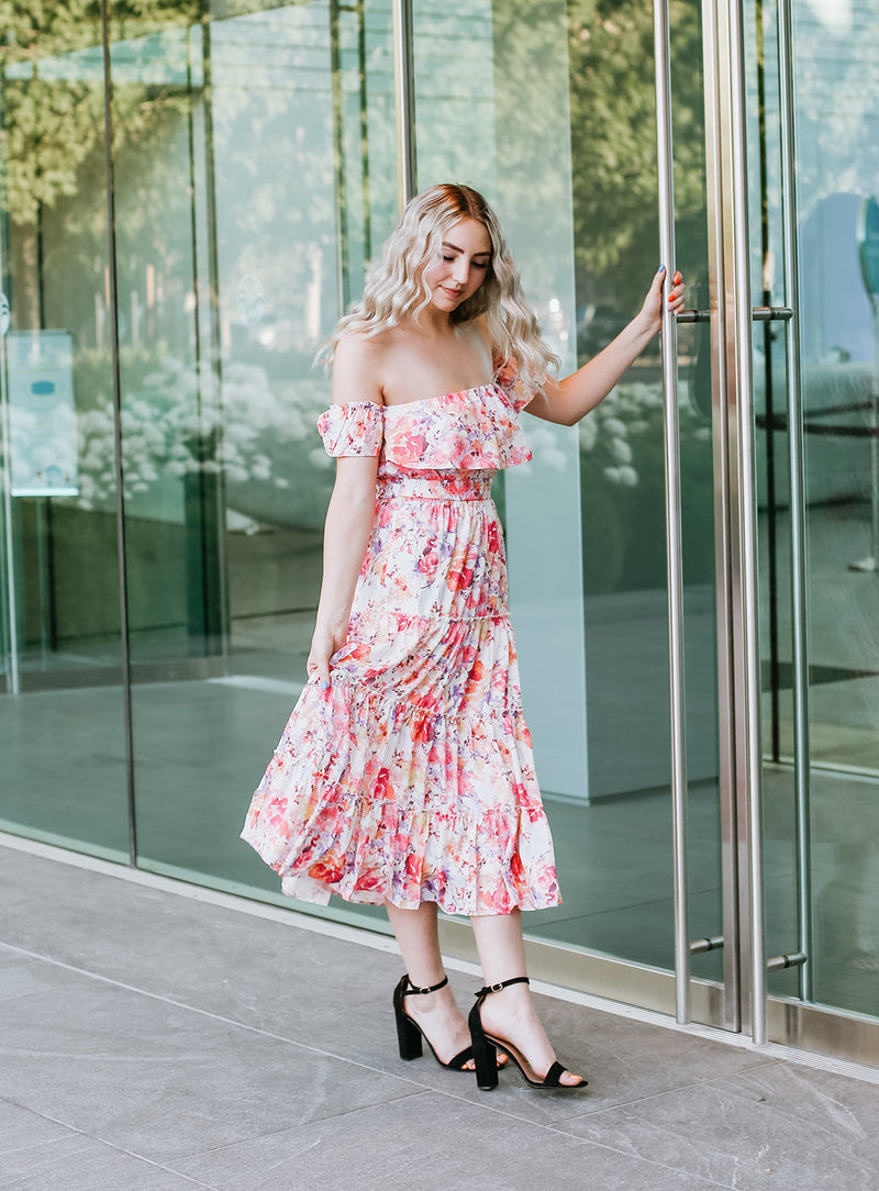 floral off the shoulder midi dress Floral Lace-Up Off-Shoulder Midi Dress