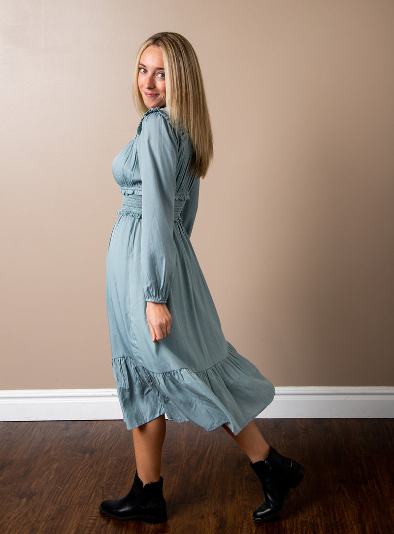 dusty sage midi dress Mariea Dusty Sage Pleated Midi Dress Ready to Ship