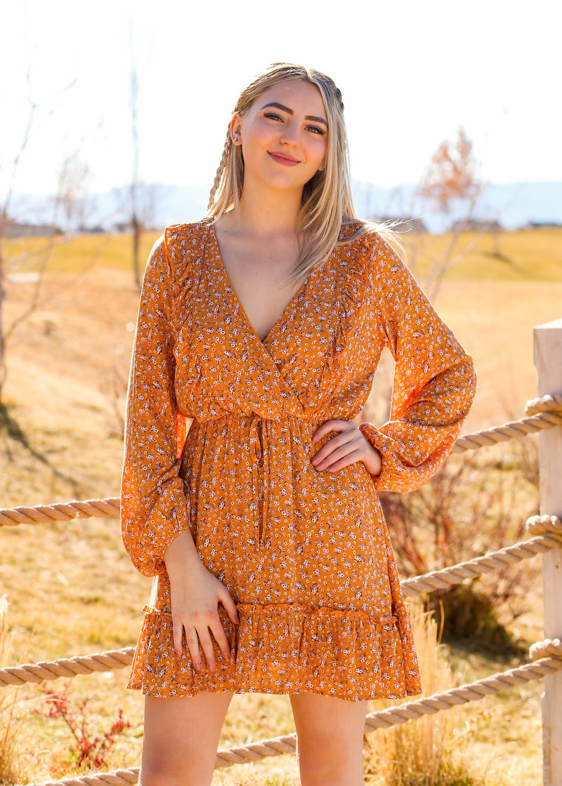 FLORAL RUFFLED V NECK DRESS // YELLOW