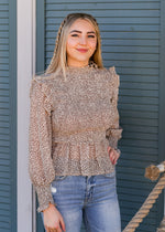 SMOCKED LEOPARD PRINT TOP // NATURAL